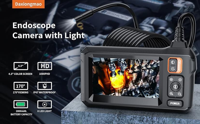 Endoscope Camera with Light, Borescope Camera with 4.3" IPS Screen, 1920P HD with 8 LED Lights, 16.4FT Semi-Rigid Cord Bore Scope, Gadgets for Men & Tools for Men