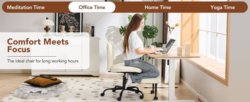 YFO Ergonomic Cross Legged Office Chair and ADHD Meditation Chair with Silent Wheels for Home Office Desk Chair and Yoga, Wider Backrest Support and Storage Pockets Design, PU Leather, Cream