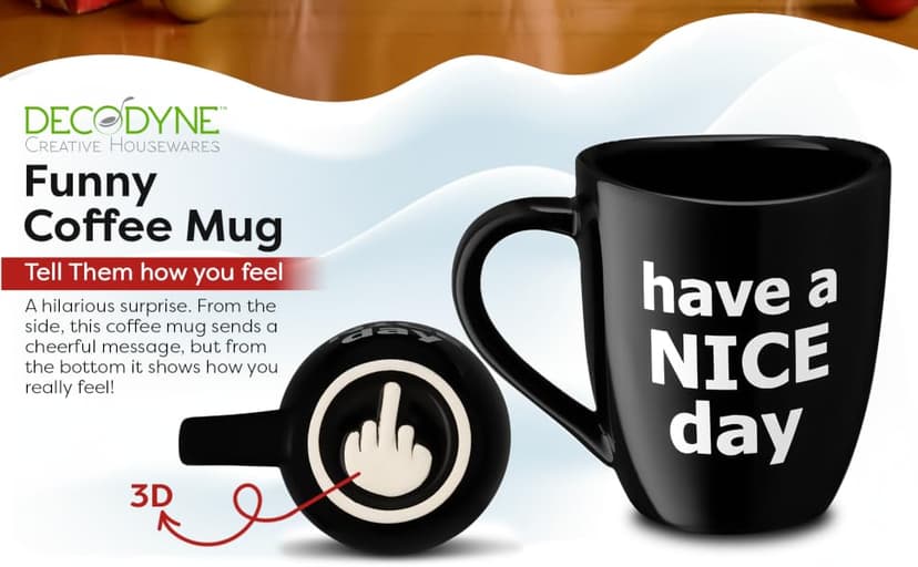 Decodyne Funny Coffee Mug, Gag White Elephant Gifts for Adults and Coworkers - Perfect for Christmas, and Novelty Gifts, Middle Finger Mug, 14 Ounce (Black) B076PJ1JSG