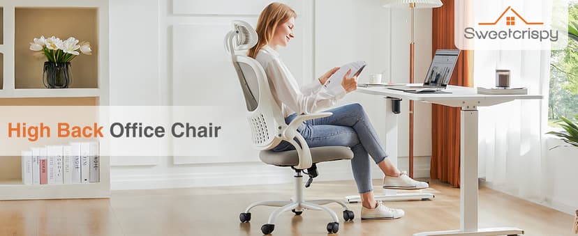 Sweetcrispy Home Office Desk Chair, Ergonomic High-Back Mesh Rolling Work Computer Chairs with Wheels and Adjustable Headrests, Comfortable Lumbar Support, Comfy Flip-up Arms for Bedroom, Study, Grey