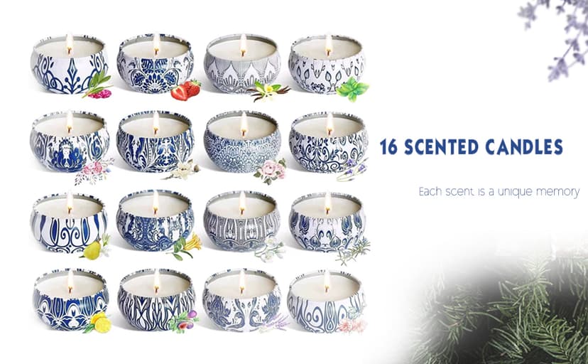 Scented Candles Gifts Set 16 Pack Soy Wax Travel Tin Jar Candles for Home 2.5 OZ for Mom for Christmas, Birthday, Thanksgiving, Mother's Day