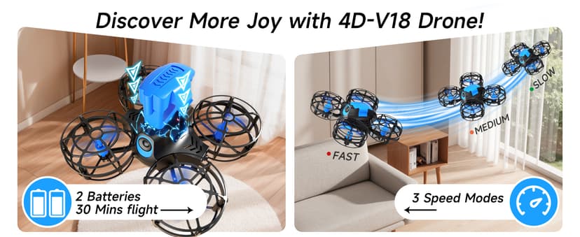 4DRC V18 Mini Drone for Kids Beginners, RC Quadcopter with 2 Control Modes, Headless Mode, Altitude Hold, Auto Hover, 3 Speeds, 3D Flips, LED Lights, 2 Batteries, Gift Toy for Boys