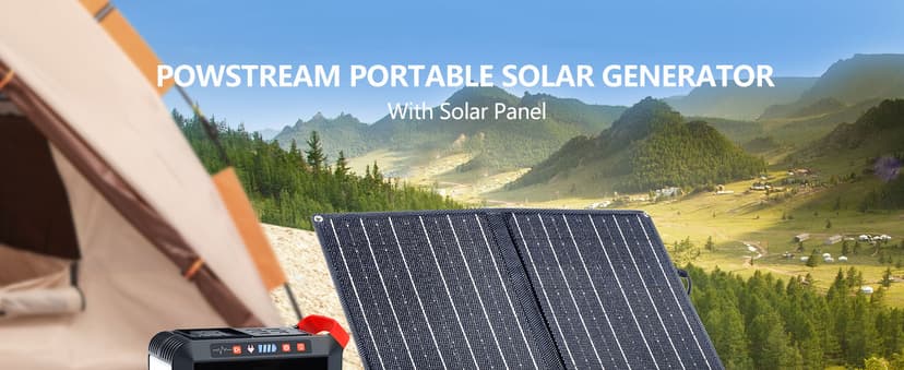 POWSTREAM 24000mAh Solar Generator with AC Outlet 120W Peak, 88.8Wh Portable Power Station with Panels 21W Included and Camping Lantern 248LM, Solar Powered Power Bank for Outdoor Camping Home Backup