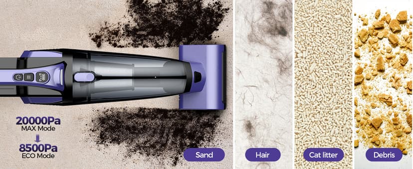 Pet Hair Handheld Vacuum Cordless: 20000PA High Power Car Vacuum with Motorized Brush and LED Light, Rechargeable Hand Held Vacuum Cleaner with Reusable Filter for Car, Home, Office & Pet, Purple