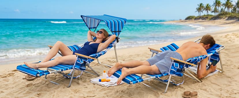 Oversized Beach Chair for Adults,5 Position Adjustable Tanning Chair with Sun Canopy,Folding Reclining Lounge Chir with Face Holes,Backpack Portable for Patio Pool Camping (Blue-White,Medium)