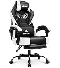 N-GEN GAMING Video Gaming Chair with Footrest Lumbar Support for Home Office High Back Recliner Height Adjustable Ergonomic Comfy Leather Computer Desk Chair (White)