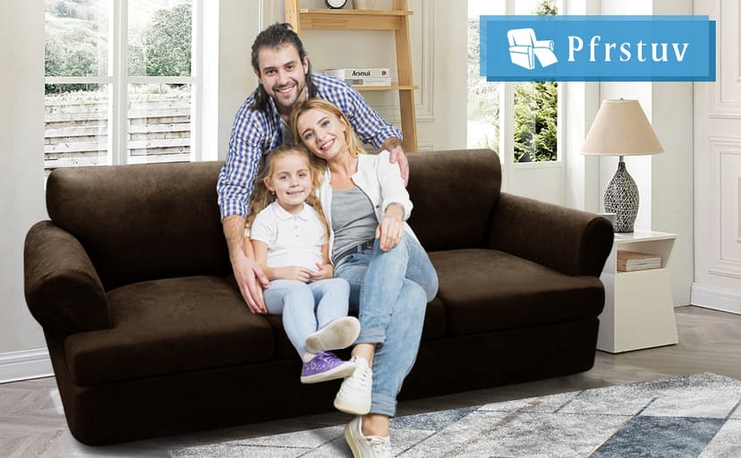 Pfrstuv 4-Piece T Couch Cover - Leather Look Slipcovers for 3 Cushion Sofa, Washable, Coffee