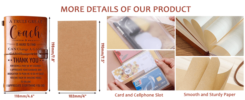 Hiipeenow Coach Appreciation Gifts for Men Women, Leather Travel Journal 140 Pages Presents, Baseball Softball Soccer Basketball Swim Football Coach Gifts, Christmas Birthday Thanksgiving