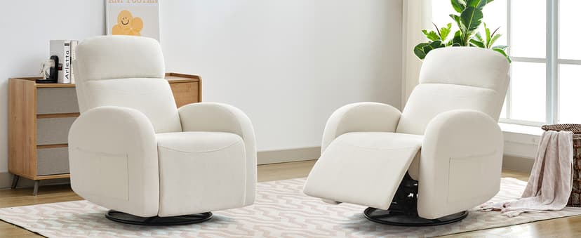 Rocking Recliner Nursery Chair, Swivel Recliner Glider for Nursery with 2 Pockets, Reclining Rocking Chair, Manual Recliners for Living Room, Bedroom, Cream White Chenille