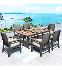SUNSHINE VALLEY 7 Piece Patio Dining Set for 6, Rectangular Metal Table with Umbrella Hole, 6 Brown Dining Chairs, Outdoor Table and Chairs Set for Lawn Backyard and Deck