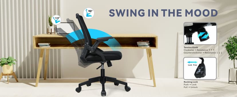 COMHOMA Office Chair with Flip-up Armrests Ergonomic Computer Desk Chair with Adaptive Lumbar Support & Breathable Mesh, Black