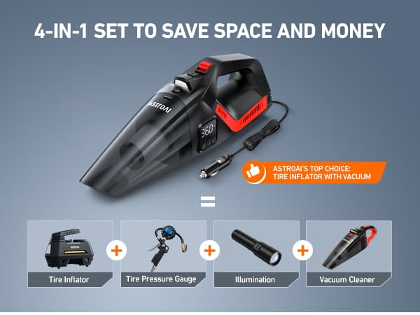 AstroAI 4-in-1 Car Vacuum Cleaner and Tire Inflator Portable with Accessories Air Compressor Digital Dual Values Display, 150 PSI Car Tires Air Pump with LED Light, 12V DC, 16.4FT Cord for Auto
