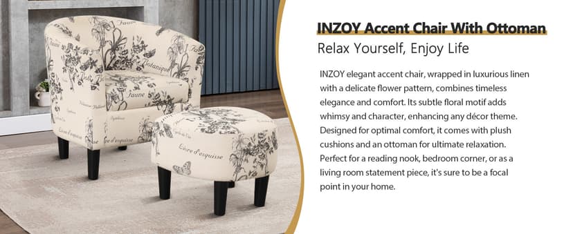 INZOY Modern Accent Chair with Ottoman for Small Space, Club Chair with Ottoman Set, Comfy Fabric Barrel Reading Chairs for Living Room Bedroom, Round Reading Chair with Foot Rest, Flower Pattern