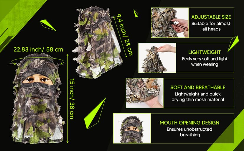 Sintege 3 Pieces 3D Camo Turkey Hunting Face Mask Camouflage Leafy Hat Ghillie Face Covering 3D Full Cover Camo Headwear Turkey Hunting Gear Accessories