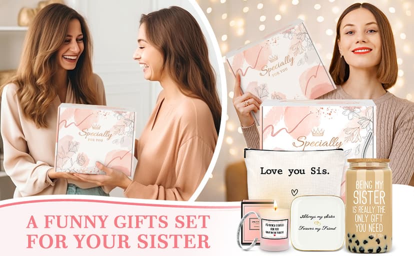 Sister Gifts from Sisters Birthday Gifts for Sisters Adult Best Sister Ever Gift Ideas for Women Cool Presents Set with Funny Glass Cup, Unique Makeup Bag, Scented Candle, Bracelet, Jewelry Tray