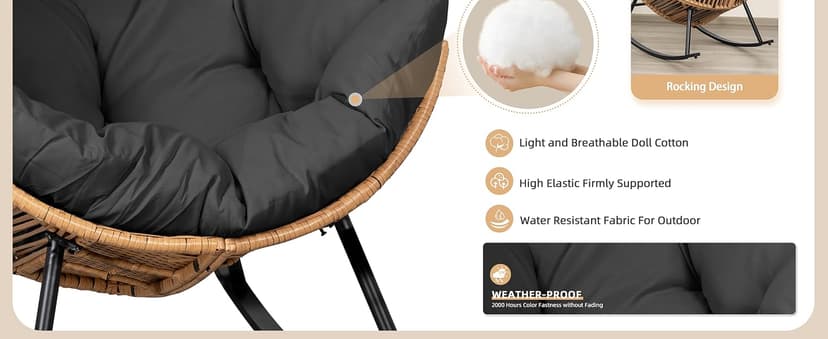 Vongrasig Wicker Egg Chair PE Rattan Rocking Chair with Cushion, Oversized Patio Lounge Rocker Chair for Outdoor, Indoor, Balcony, Backyard, Garden, Black
