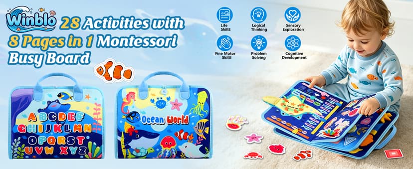 Winblo Toddler Busy Board - Montessori Toys for Toddler Boy Girl Birthday Gift, Educational Learning Sensory Busy Book for Toddlers Boys, Toddlers Activities Travel Toys for Airplane Car B0GYQZCVWG