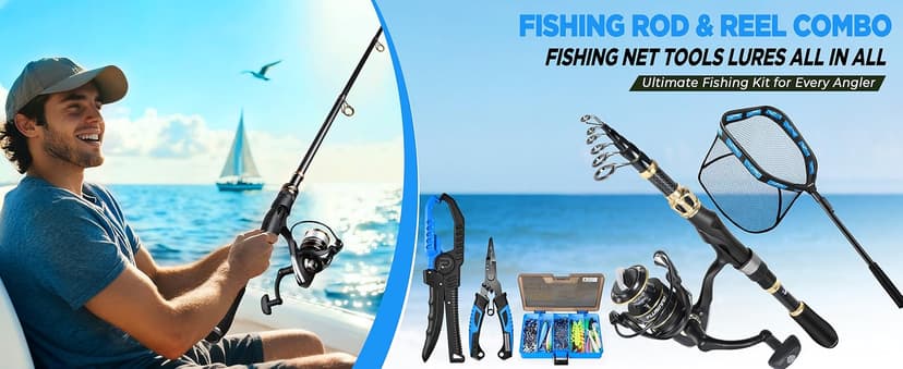 PLUSINNO Fishing Gear,Full Fishing kit Include Fishing Rod and Reel Combo, Tackle Box with Fishing Lures, Fishing Accessories, Fishing Pliers,Fishing Gifts for Men with Fishing Tool Kit