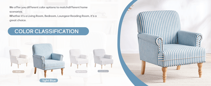 HUIMO Linen Fabric Accent Chair, Mid-Century Modern Armchair with Solid Wood Legs, Single Sofa Chair,Upholstered Reading Club Chair (1, Dark Blue and White Stripe)