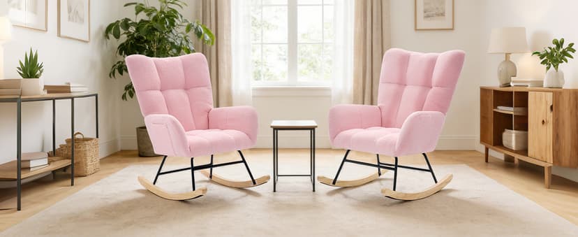 DUMOS Nursery Rocking Chair Teddy Upholstered, Comfy Glider Rocker with High Backrest Armchair Padded Seat, Accent Side Chair for Living Room Bedroom Offices Small Spaces Indoor, Pink