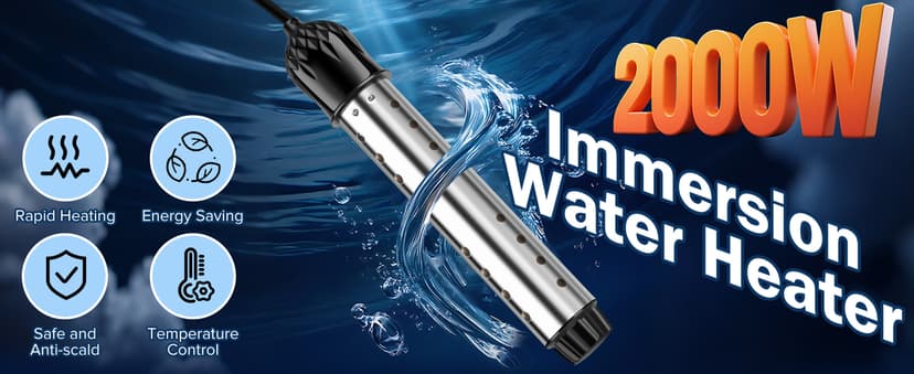 Portable Water Heater 2000W, Pool Heater - Immersion Heater with Digital Thermometer, Upgraded Magnesium Oxide Heating for Fast Heating, for Small Pools, Bathtubs, Buckets, Tanks