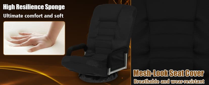 Swivel Gaming Chair Multipurpose Floor Gaming Chair for Playing Video Games, TV, Reading w/Armrest Lumbar Support & 6 Adjustable Postion Backrest for Adults, Black