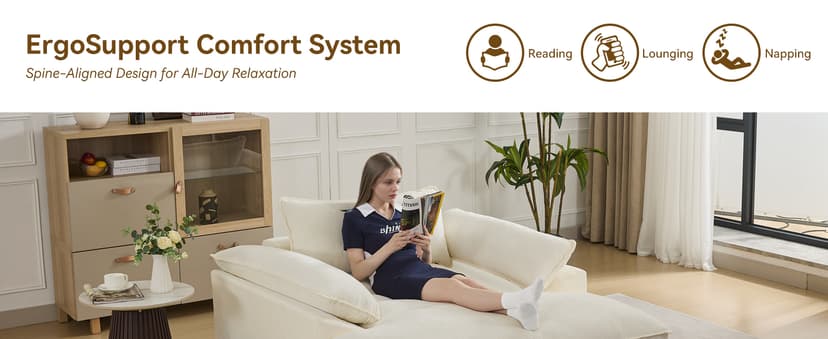 WUTUTUEE 69" Oversized Chaise Lounge Chair Indoor, No Assembly Beige Lounge Couch, Chenille Upholstered Sofa Bed with Pockets, Oversized Reading Chair with Ottoman for Living Room, Bedroom, Office