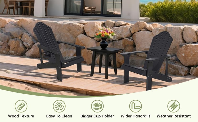 Adirondack Chair,All-Weather Can Used Patio Chair with Cup Holder,Sturdy Outdoor Lawn Chair,Easy Clean Surface and Anti-Tip Safety Features,Black