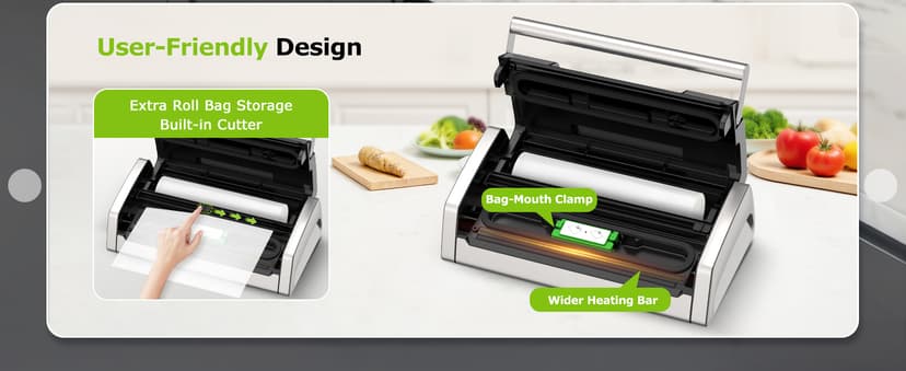 Bonsenkitchen Vacuum Sealer for Food, Easy-Lock Handle Vacuum Sealer Machine with Bag Clip, Built-in Cutter and Bag Storage for Sous Vide and Meal Prep, 1 Roll Bag & 10 Pre-Cut Bags, Silver