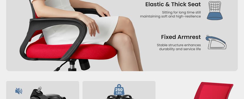 DUMOS Home Office Chair - Ergonomic Mid Back Mesh Desk Chair with Lumbar Support & Rocking Mode, Height Adjustable with Fixed Armrest, for Computer, Gaming, Meeting, 360° Swivel, Red