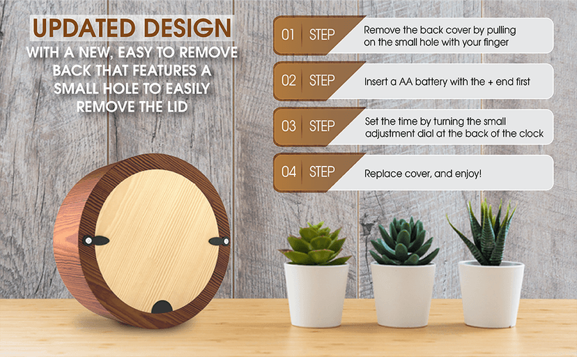 Driini Wooden Analog Desktop Clock – 4.3 in. Decorative Pinewood, No-Tick Design – Easy to Read Silent Sweep Mantle Clock – Quiet Tabletop Clocks with Wood Body, Hands, & Battery Cover; Dark