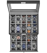 SONGMICS SONGMICS Watch Box, 12-Slot Watch Case Organizer with Large Glass Lid, 2 Layers, Removable Pillows, Metal Lock, Gift for Loved Ones, Black Synthetic Leather, Gray Lining UJWB012
