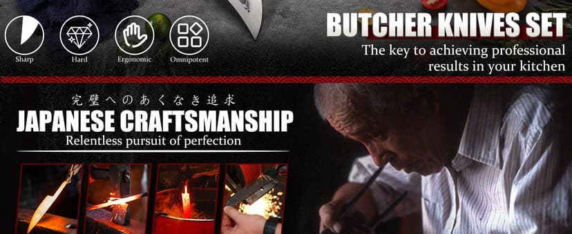 Huusk Butcher Knife Set Hand Forged Serbian Chef Knife Viking Boning Knife Cleaver Knife 3PCS Kitchen Knife Set for Meat Cutting Home & Outdoor Cooking BBQ Knives Gift for Men