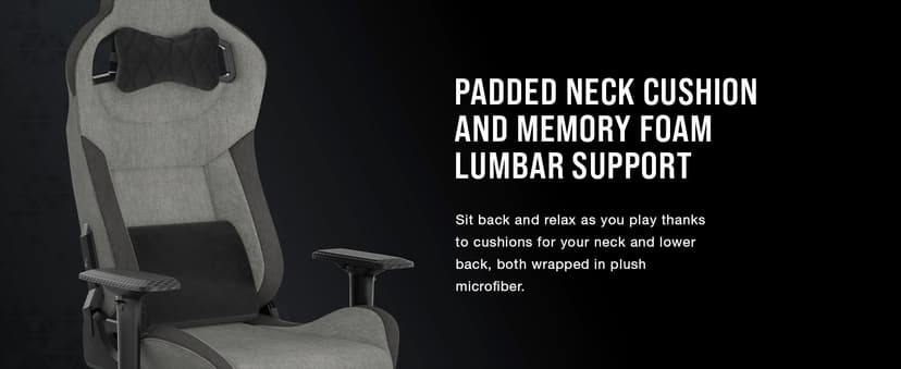 Corsair T3 Rush Fabric Gaming Chair (2023) – Racing-Inspired Design – Soft Fabric Exterior – Padded Neck Cushion – Memory Foam Lumbar Support – Adjustable Seat Height – Charcoal