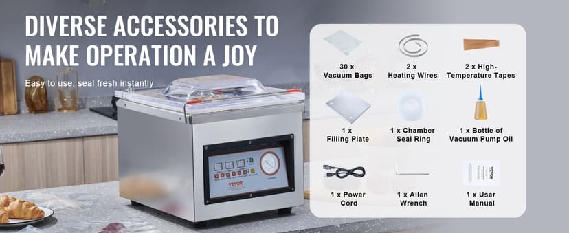 VEVOR Chamber Vacuum Sealer, 320W Sealing Power, Vacuum Packing Machine for Wet Foods, Meats, Marinades and More, Compact Size with 12.6 in Sealing Length, Applied in Home Kitchen and Commercial Use