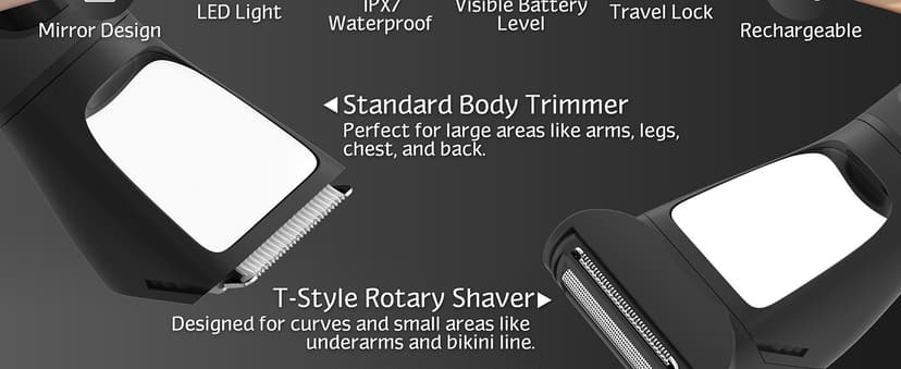 Bikini Trimmer for Women Men, 2 in 1 Electric Razors Shaver, IPX7 Waterproof Body Hair Trimmer with Mirror, LED Light & Display, Painless Pubic Hair Removal, Black