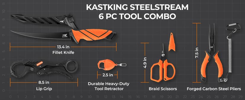 KastKing SteelStream 6pc Fishing Tool Kit - Corrosion Resistant Fishing Pliers with Lanyard, Fillet Knife, Floating Fish Lip Gripper, Fishing Braid Scissors, Tool Retractor, Fishing Gifts for Men