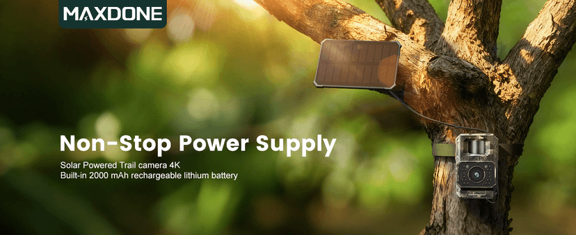 MAXDONE Solar WiFi Trail Camera Bluetooth Game Camera, 4K 64MP Wildlife Cameras 2000mAh Built-in Battery Rechargeable Power Hunting Cameras with Night Vision Trail Cam Bluetooth Wi-Fi Deer Cams