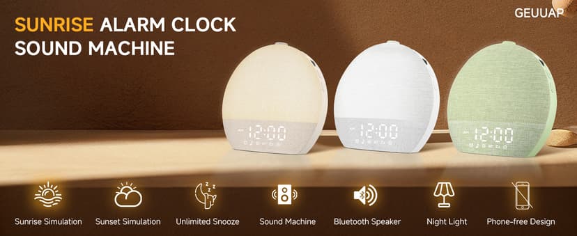 Geuuap Sunrise Alarm Clock White Noise Sound Machine for Bedroom | Natural Wake-Up Light with 30 Soothing Sleep Aids, Bluetooth Speaker, Dimmable Clock, Screen-Free Design for Baby Adults Kids-Khaki