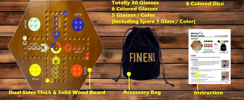 Wooden Board Games, Marble Board Game Original with Dual Sides Fast Track Board Game for 2 to 6 Players, Double Side Marble Game, 6 Colors 30 Marbles Set and 6 Color 6 Dice,Pouch (16" Dark)