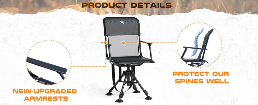 TR 360 Degree Swivel Hunting Blind Chair,400 lbs Capacity Silent,Height Adjustable Hunting Chair with Armrests,Portable Ground Hunting Seat for Deer Turkey