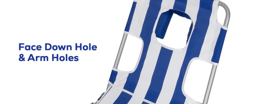 Romswi 2PK Folding Tanning Beach Chair with Face Hole, 5-Position Reclining Sun Lounger, Portable Face Down Tanning Chair with Arm Holes & Side Pocket for Beach, Pool, Patio, Navy and White Stripe