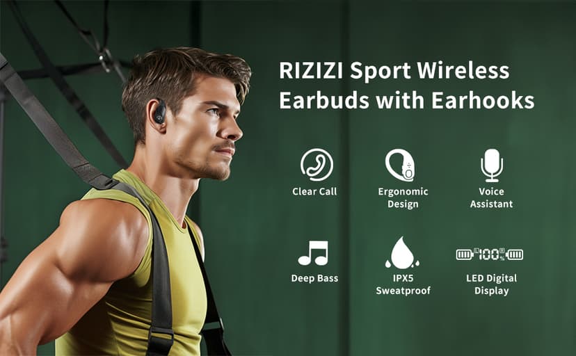 Wireless Earbuds Bluetooth Headphones 96H Playtime LED Display Waterproof Built in Mic Deep Bass Sound Secure Over Ear buds Earhooks for iPhone Android Samsung Cell Phones Sport Workout Gaming Running