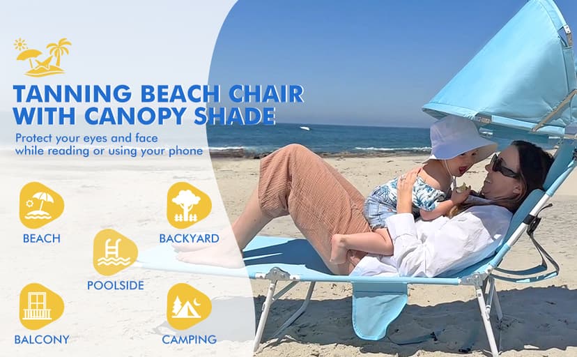 Backpack Beach Tanning Lounge Chair with Canopy Shade Face Hole Padded Adjustable Washable, 6 Position Layout Chair for Outside Sunbathing Poolside Lawn, UPF 50+ Wind-Resistant Sun Shade, Patented