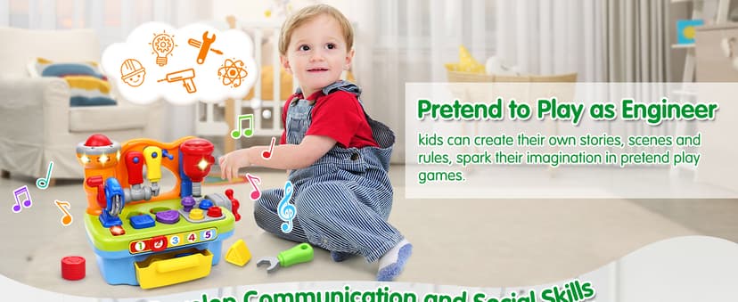 Montessori Toys with Sound Lights Effect, Shape Sorter, Christmas Birthday Gift for Boy Girl,Engineer Pretend Play Workbench Toys for 1 Year Old Boy, Musical Toy Tool Bench, 1 2 3 Years old Boy Gifts B08345YDXJ