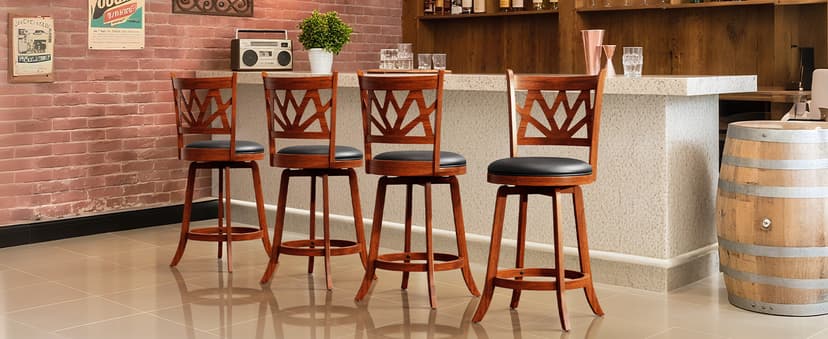 Swivel Barstools Set of 4, Farmhouse 24" Counter Height Bar Stools with Backs, Lotus Pattern Carved Bar Chair with Solid Wood Legs & Footrest for Kitchen Island, Home Bar, Pub. Brown