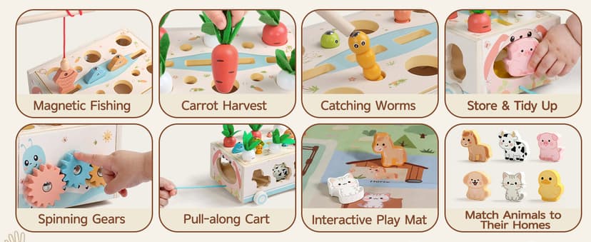 with Fishing Game, Pull-Along Storage Cart, Gears & Play Mat for Fine Motor Play First Birthday Gift for Boys & Girls Ages 1+ Fajiabao Wooden Montessori Toys for 1 Year Old, 7-in-1 Farm Activity Toy B0GL66PD6W