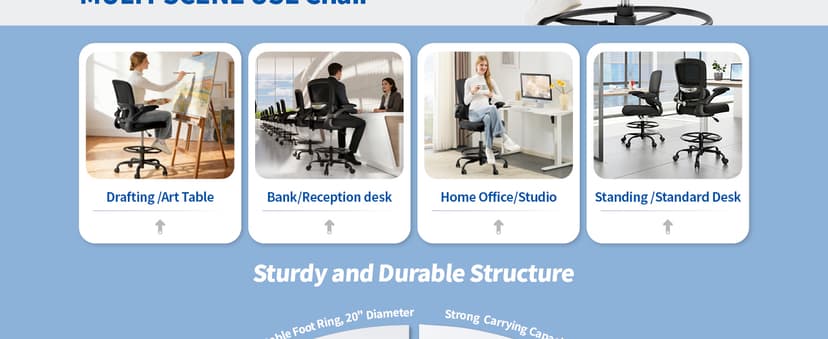 TRALT Drafting Chair - Tall Office Chair for Standing Desk - High Office Chair with Adjustable Footrest Ring Lumbar Support - Tall Office Chairs for Home Office with Flip-Up Armrests (Black)