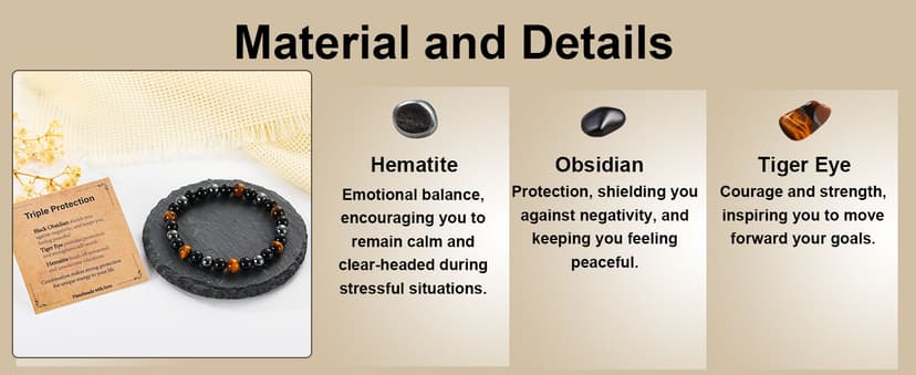 Bracelet Gifts for Men, Triple Protection Black Obsidian Hematite Tiger Eye Beaded Natural Stone Bracelets Birthday Christmas Stocking Stuffers Healing Jewelry Gifts for Him