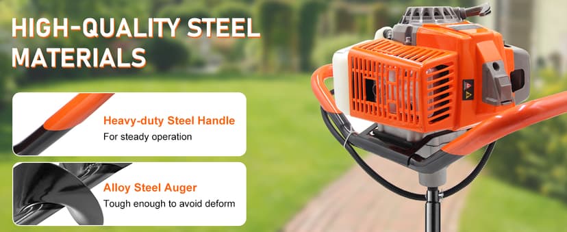 72CC Auger Post Hole Digger, 2 Stroke Gas Powered Earth Post Hole Digger with 2 Auger Drill Bits(6" & 8") + 1 Extension Rods for Farm Garden Plant, Orange (72CC)